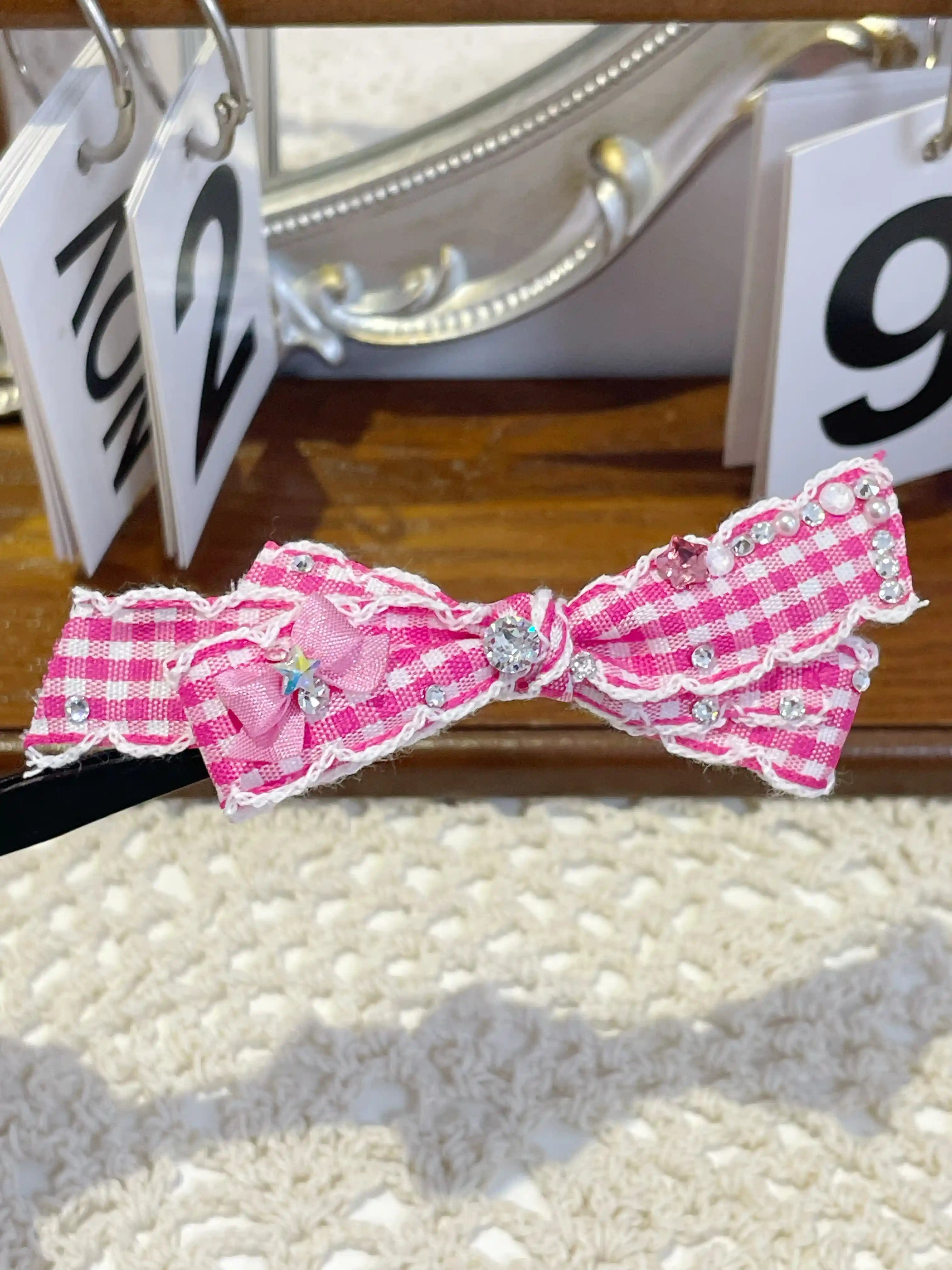 Tinselpaw Heritage Gingham Series: Hand-Crafted Checkered Bow with Crystals & Pearls for Dogs & Cats