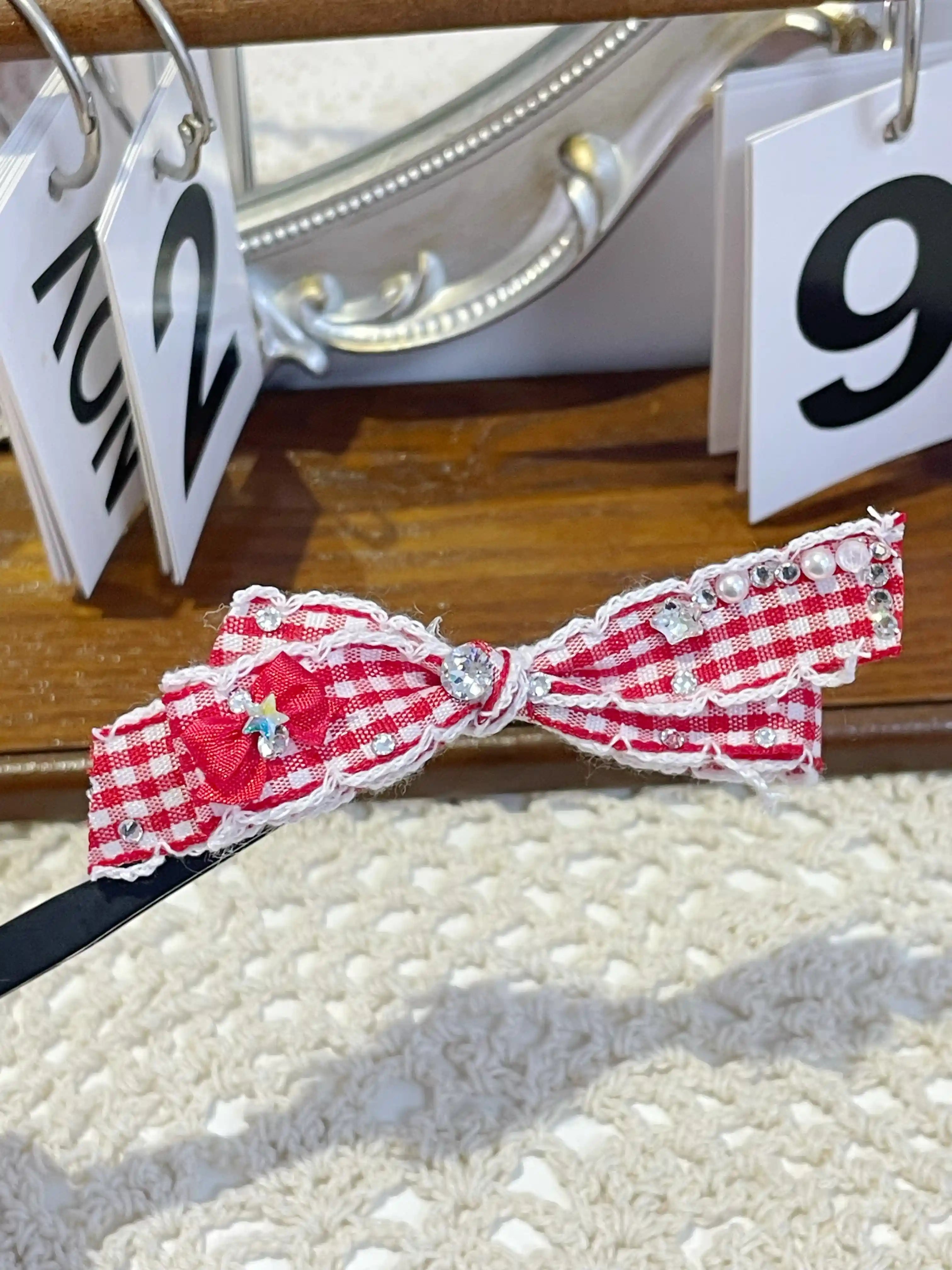 Tinselpaw Heritage Gingham Series: Hand-Crafted Checkered Bow with Crystals & Pearls for Dogs & Cats