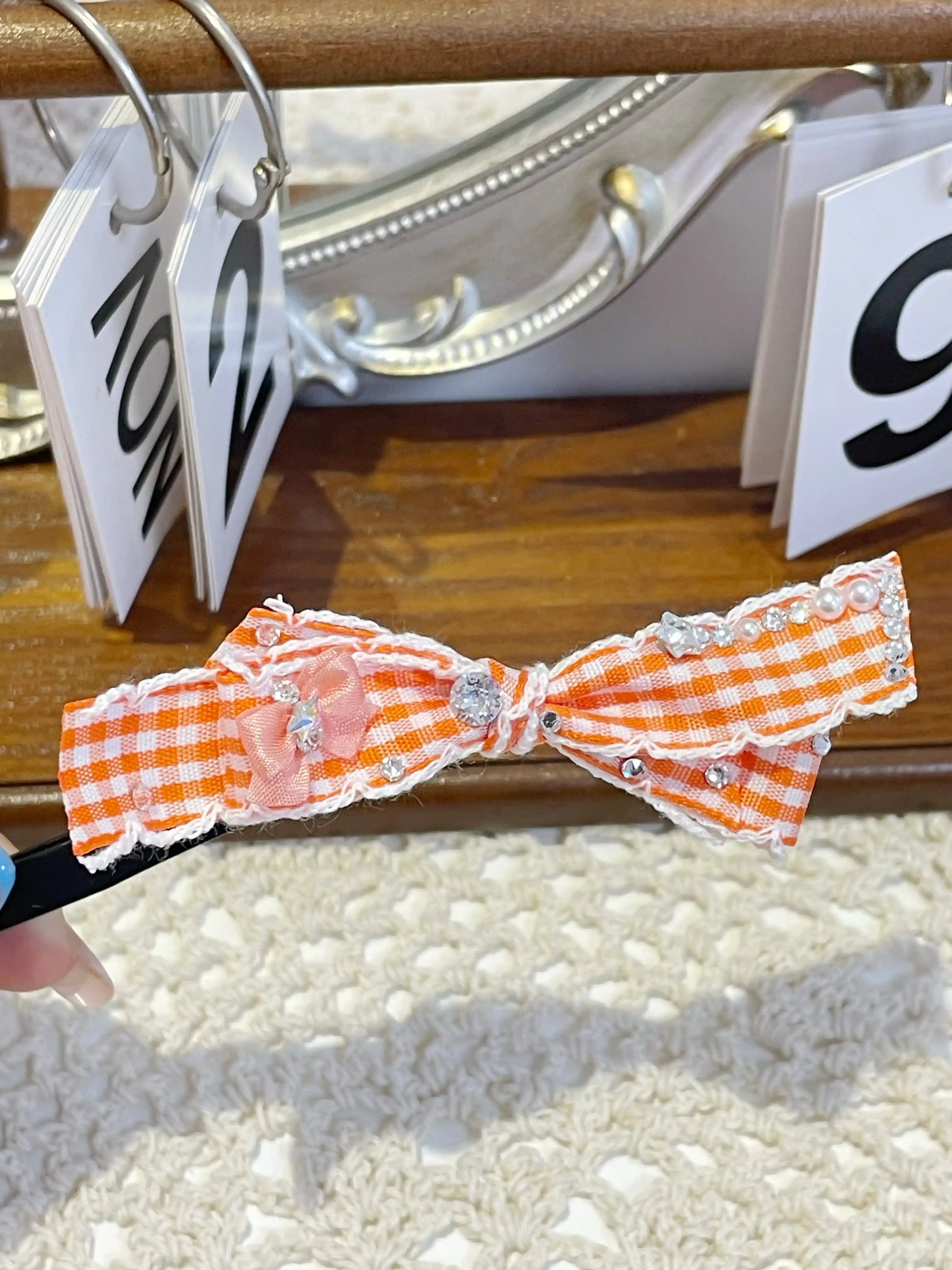 Tinselpaw Heritage Gingham Series: Hand-Crafted Checkered Bow with Crystals & Pearls for Dogs & Cats