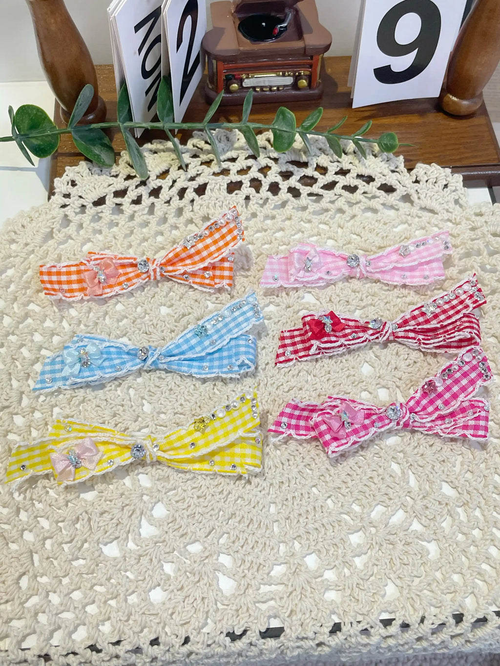 Tinselpaw Heritage Gingham Series: Hand-Crafted Checkered Bow with Crystals & Pearls for Dogs & Cats