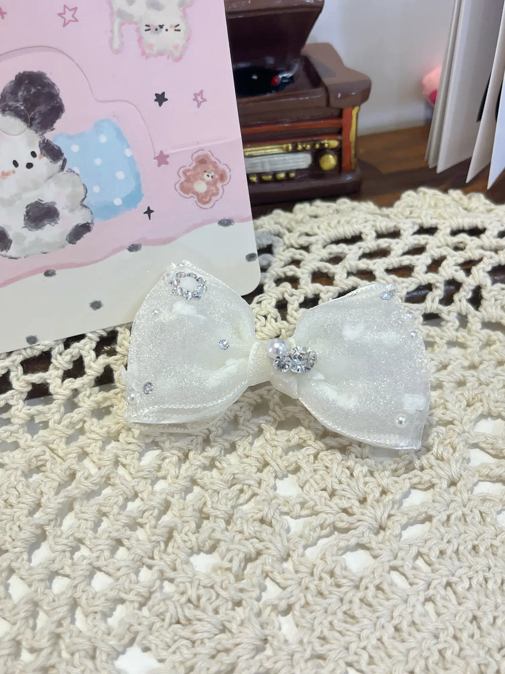 Tinselpaw Triple-Layered Silky Gauze Bow with Shimmering Crystals & Elegant Pearls for Dogs & Cats