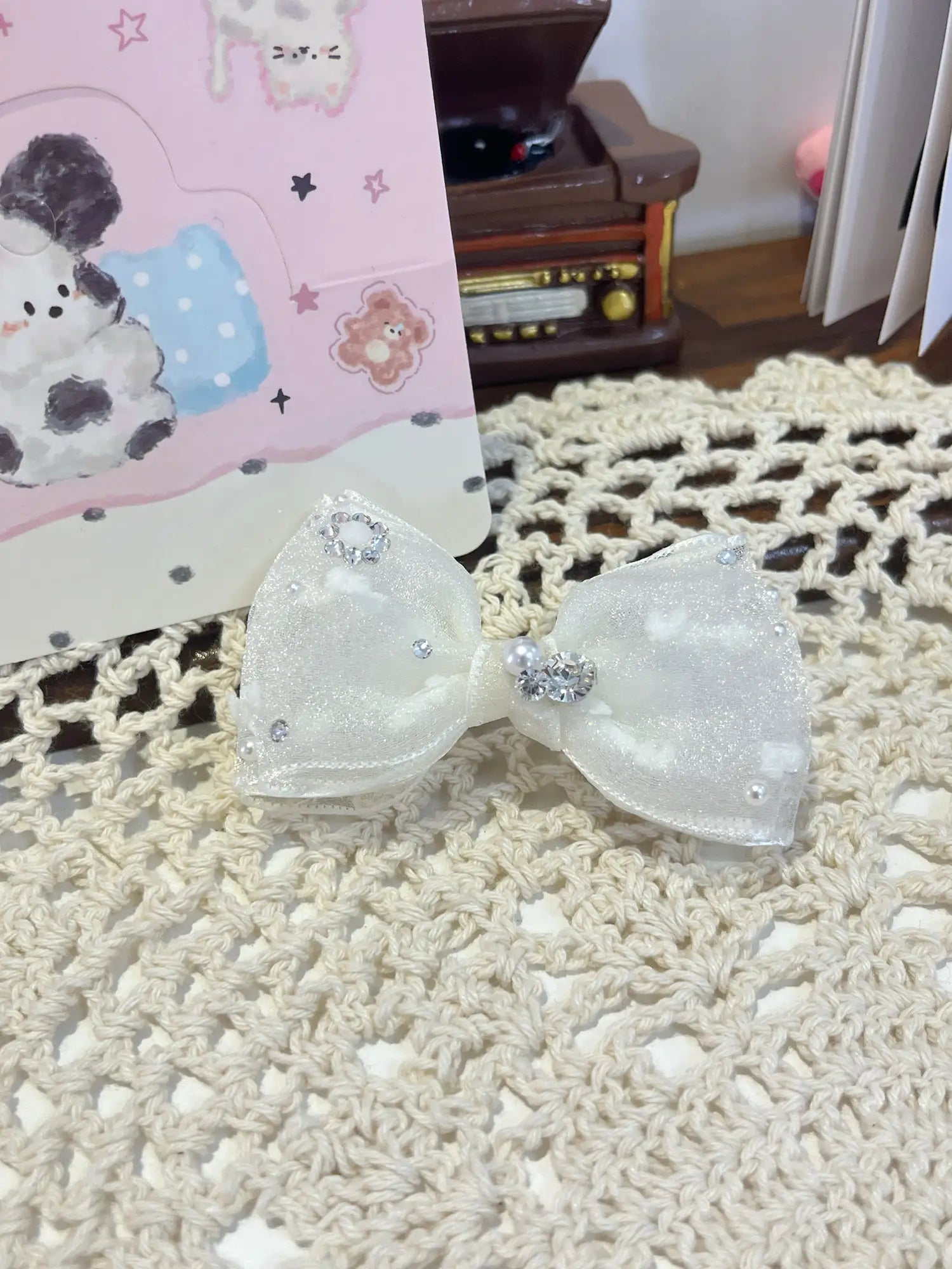 Tinselpaw Triple-Layered Silky Gauze Bow with Shimmering Crystals & Elegant Pearls for Dogs & Cats