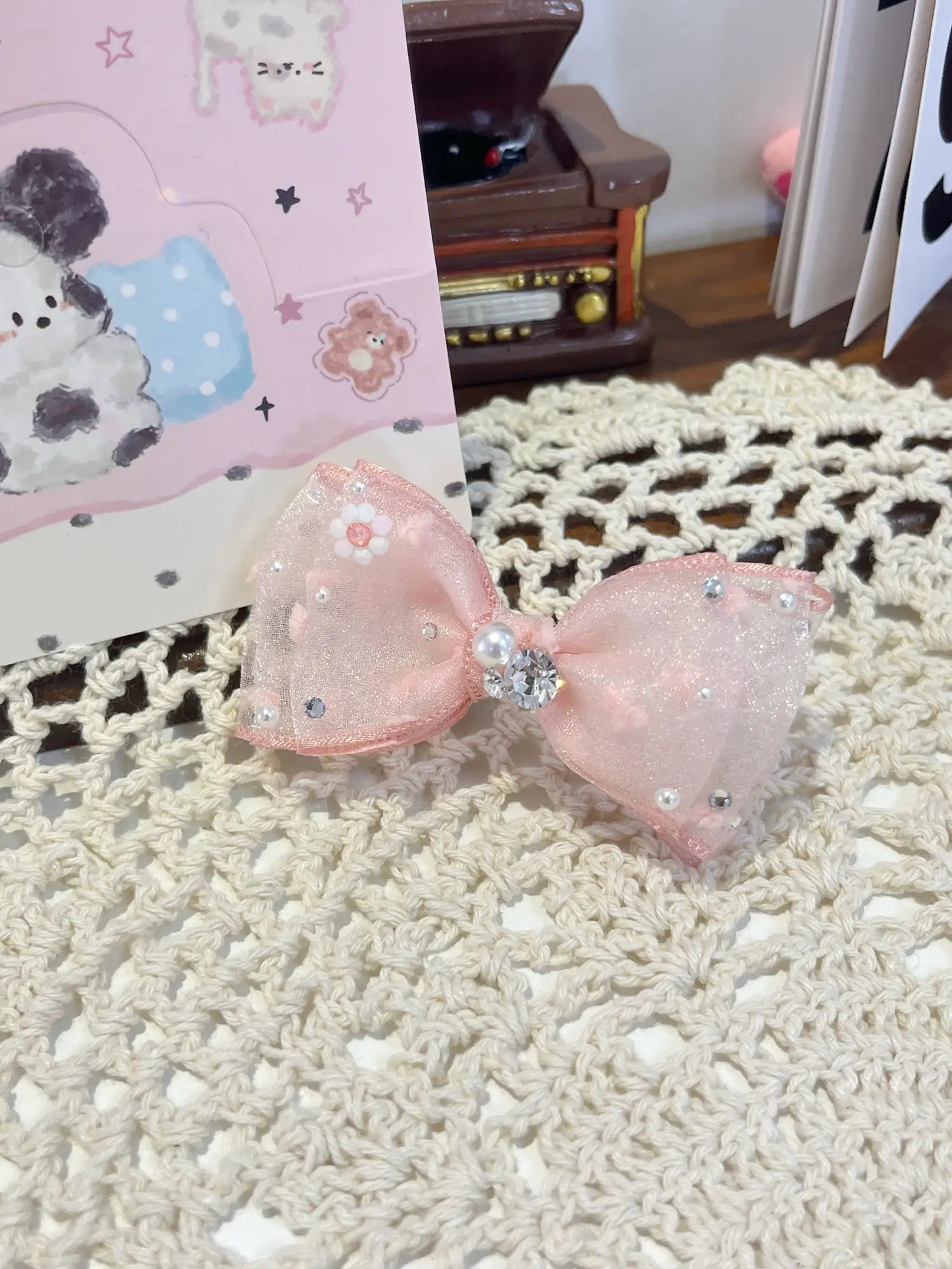 Tinselpaw Triple-Layered Silky Gauze Bow with Shimmering Crystals & Elegant Pearls for Dogs & Cats