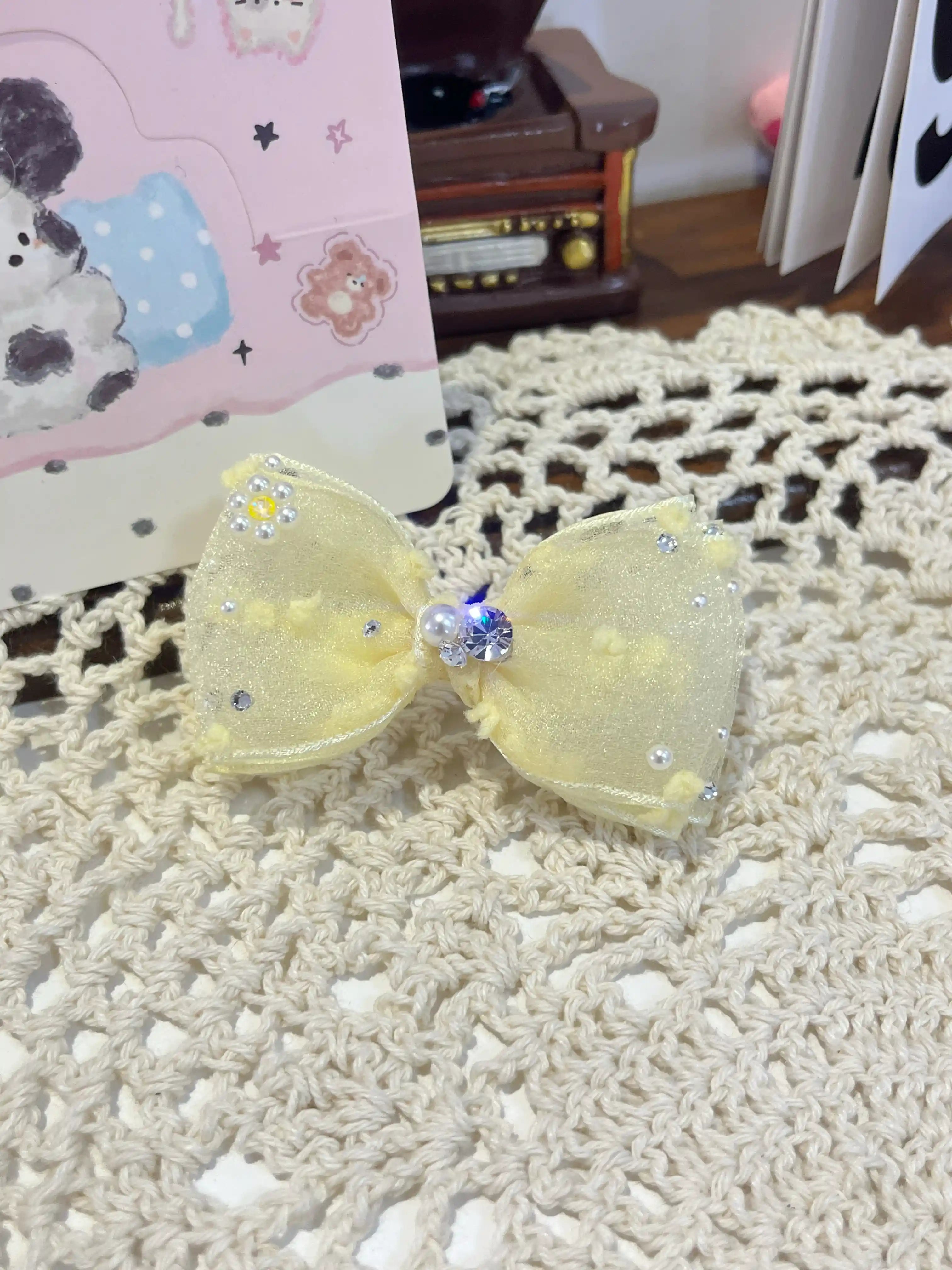 Tinselpaw Triple-Layered Silky Gauze Bow with Shimmering Crystals & Elegant Pearls for Dogs & Cats