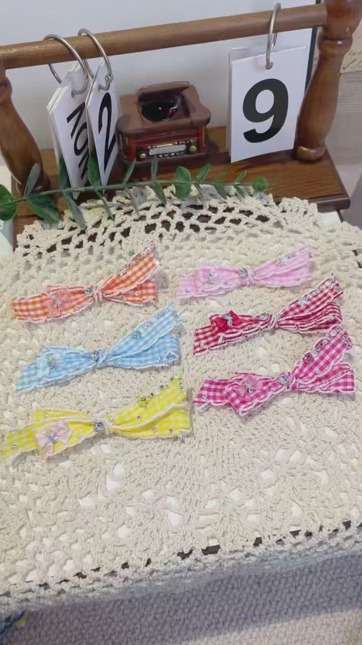 Tinselpaw Heritage Gingham Series: Hand-Crafted Checkered Bow with Crystals & Pearls for Dogs & Cats
